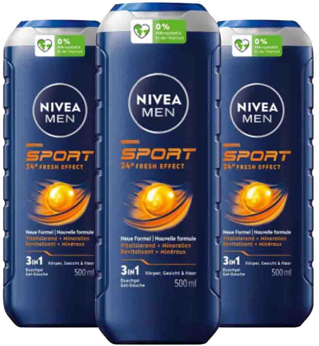 NIVEA Men Shampoo & Shower gel 3in1 For Men Sport - 3 x 500 ml - Voordeelverpakking