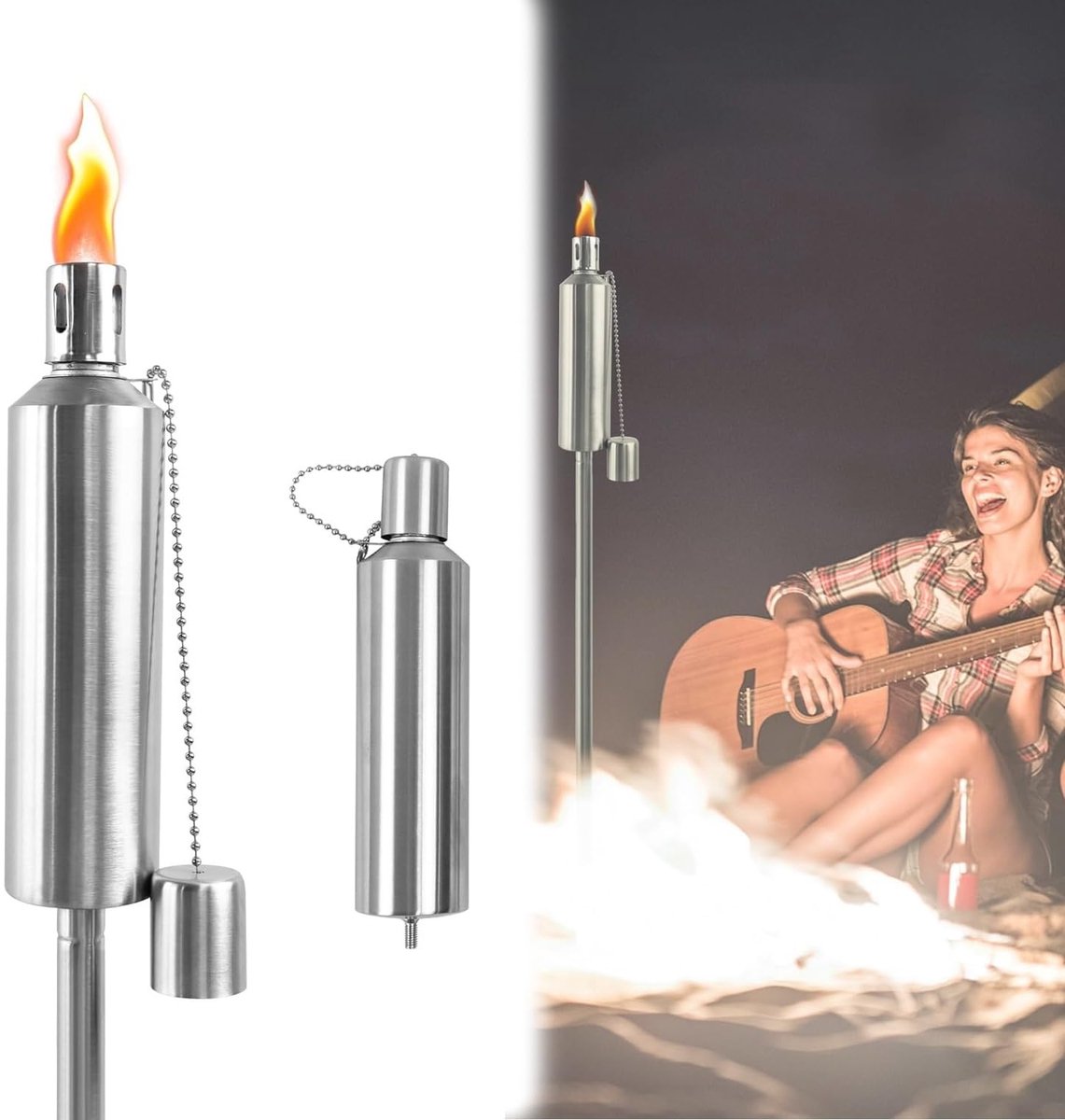 Famanu – Set van 6 tuinfakkels voor buiten, roestvrij staal, met glasvezellont, navulbaar met olie, 330 ml, 115 cm hoog, ideaal voor sfeervolle verlichting in de tuin