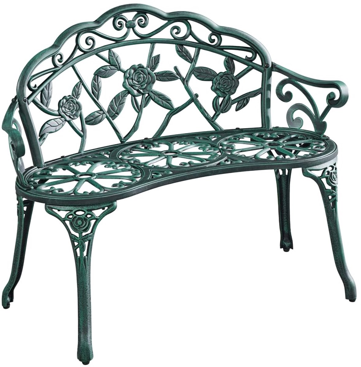 Famanu – Vintage tuinbank van metaal, weerbestendig gegoten aluminium, 2-zits parkbank met rugleuning en armleuningen voor balkon en tuin, groen