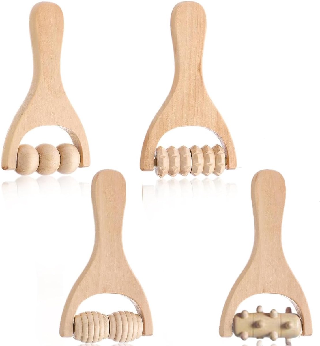 4-delige Houten Rugspierroller met Handvat, Massagehulpmiddel voor Ontspanning van Nek, Rug, Handen en Benen, Ideaal voor Volledige Lichaamsmassage en Fasciatherapie