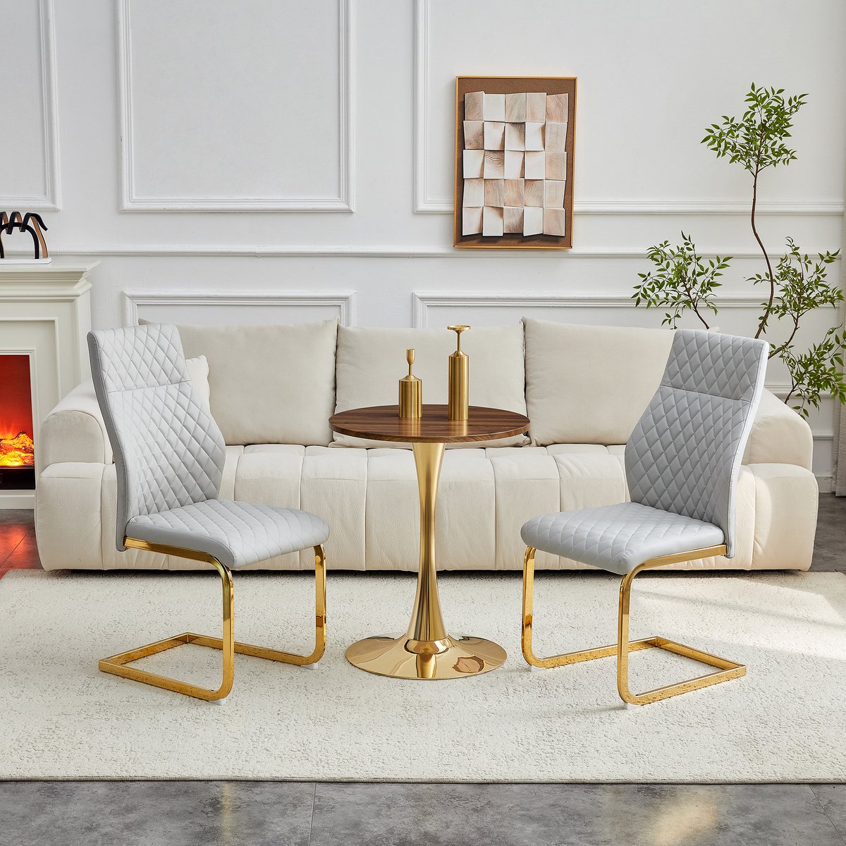 Wishdor Set tafel en stoelen - Ronde eettafel 60 cm met 2 stoelen - Modern design met goudkleurig metaal en walnootlook - Eetkamer woonkamer hal - 60 x 60 x 72 cm