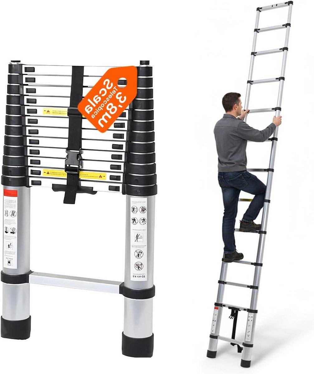 Telescopische Ladder - Inklapbare Ladder - Huishoudelijk Werk - Ruimtebesparend Ontwerp - 3.8 Meter - Zilver