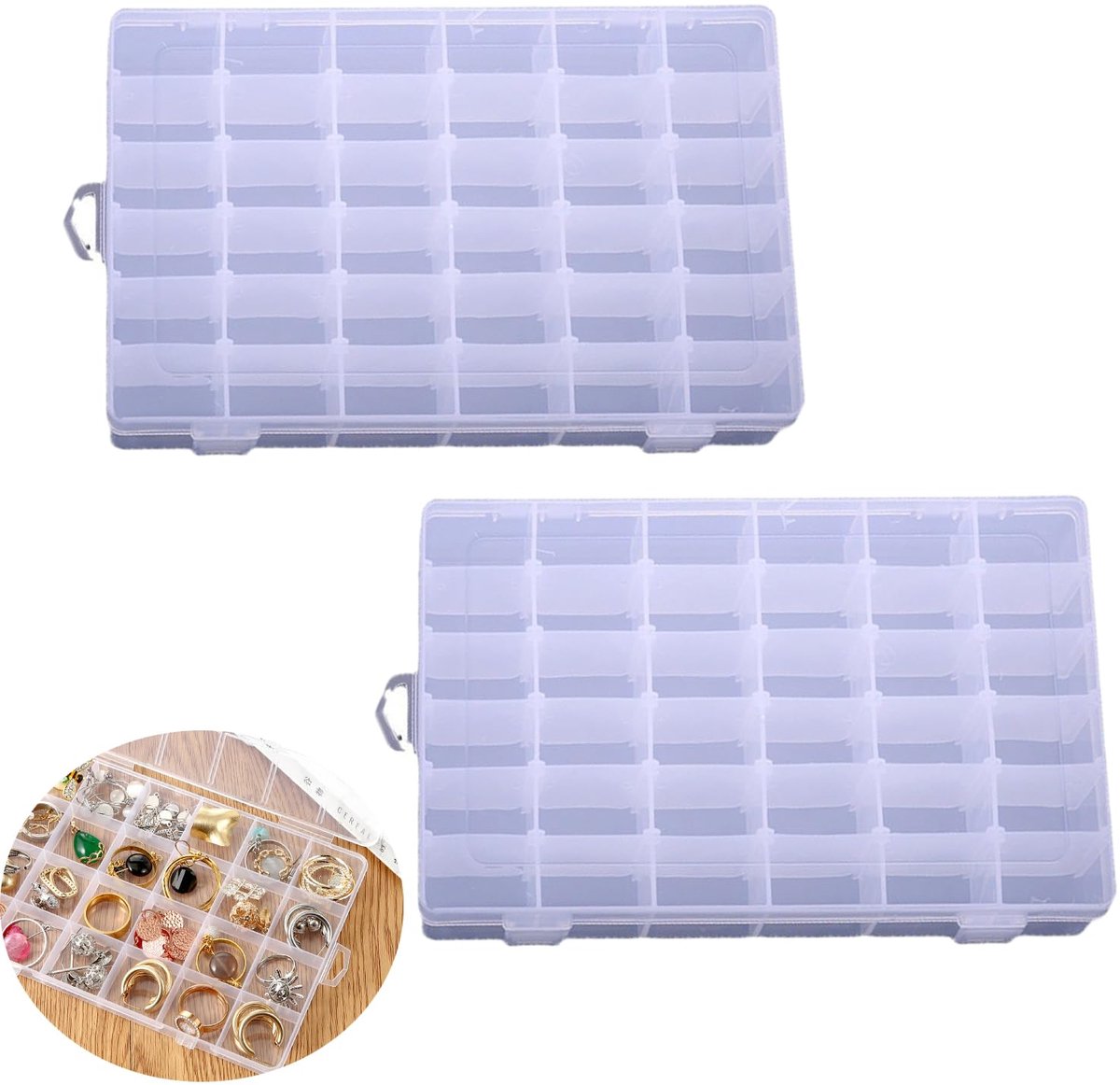 2 stuks plastic organizer container box met verstelbare verdelers, 36 roosters doorzichtige plastic onderdelen - ShopVlot
