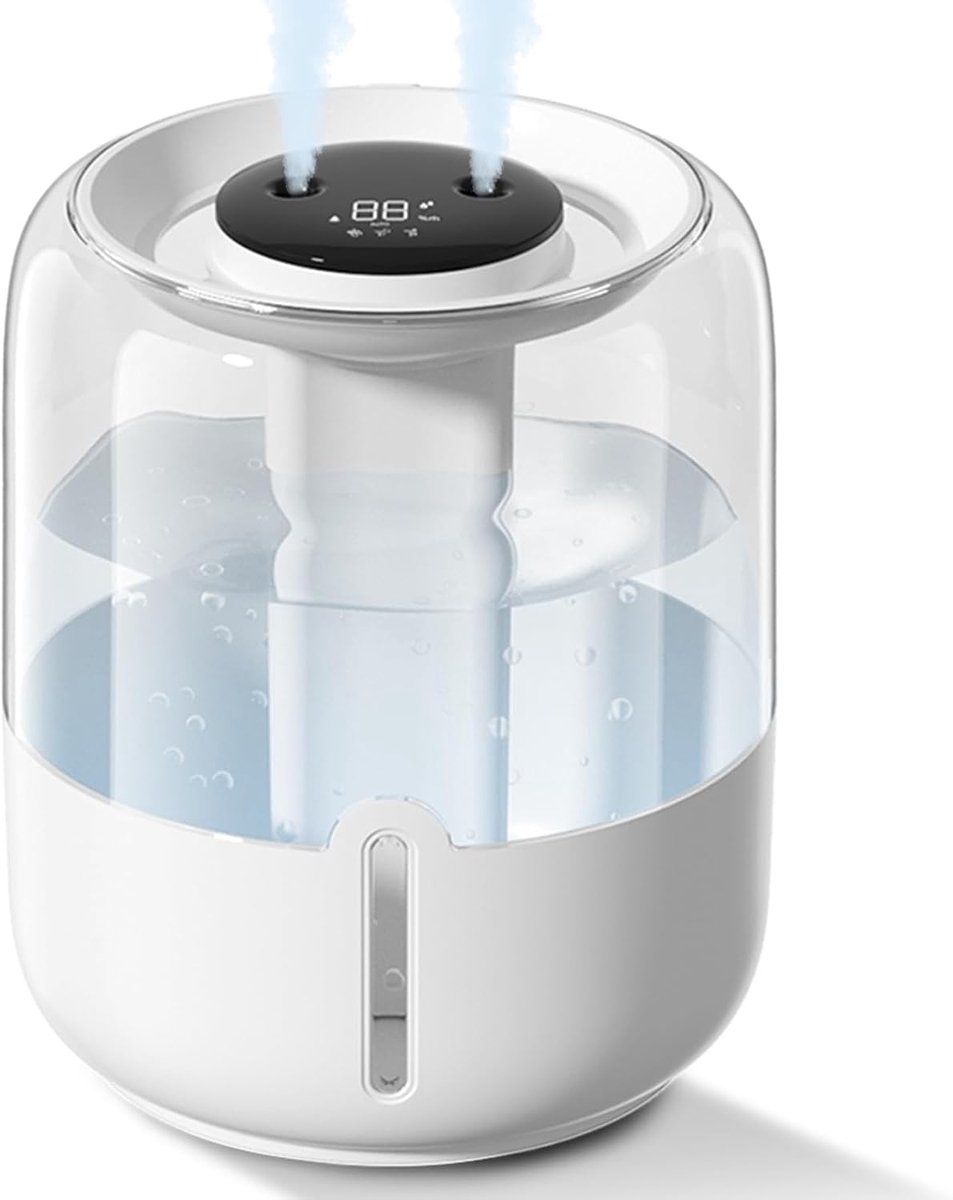 Deze luchtbevochtiger voor de slaapkamer met een inhoud van 3,8 liter is ultrastil, heeft een nachtlampje, dubbele sproeiers, een vochtigheidsindicator en een waterdispenser die je aan de bovenkant kunt vullen, waardoor het een ideale keuze