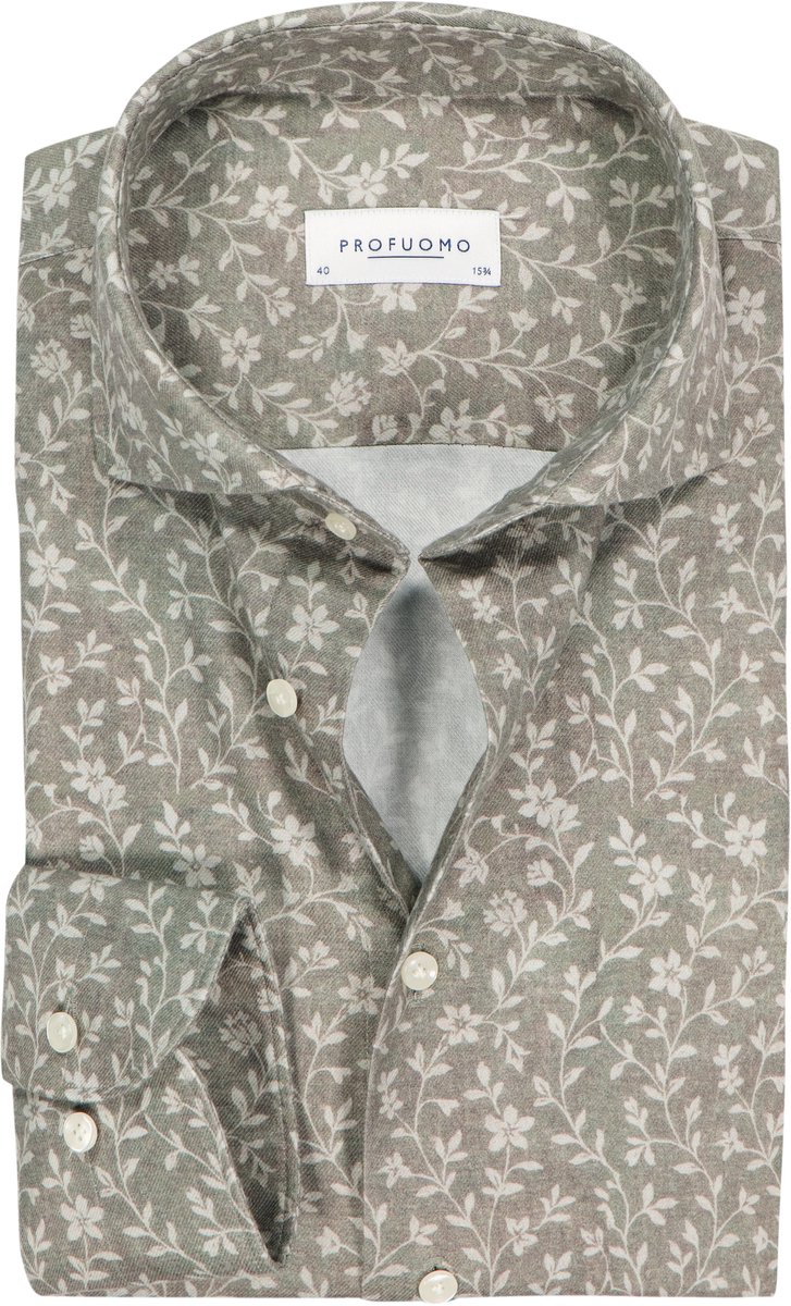 Profuomo slim fit heren overhemd - flanel - groen - Strijkvrij - Boordmaat: 41 (EU maat: L)