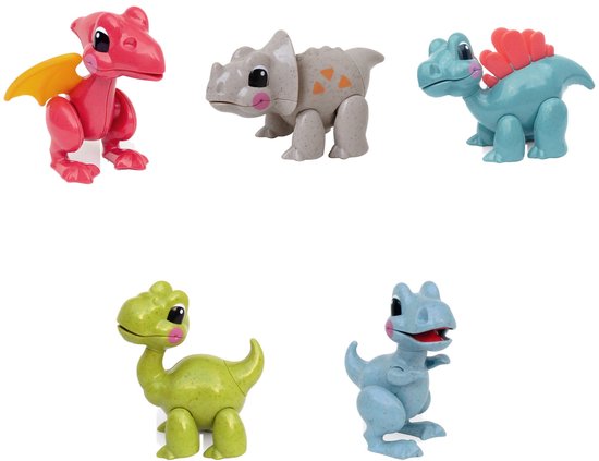 Vijf speelgoeddinosaurusjes in verschillende kleuren: roze, lichtgrijs, blauw en groen, op een witte achtergrond.