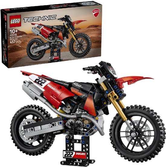 LEGO Technic Ducati motorfiets met nummer 222, rode en zwarte details, goudkleurige voorvork.