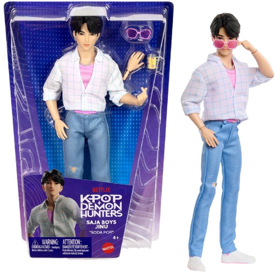 K-Pop Demon Hunters Jinu pop met roze zonnebril, blauwe geruite blouse, roze shirt en gescheurde jeans.