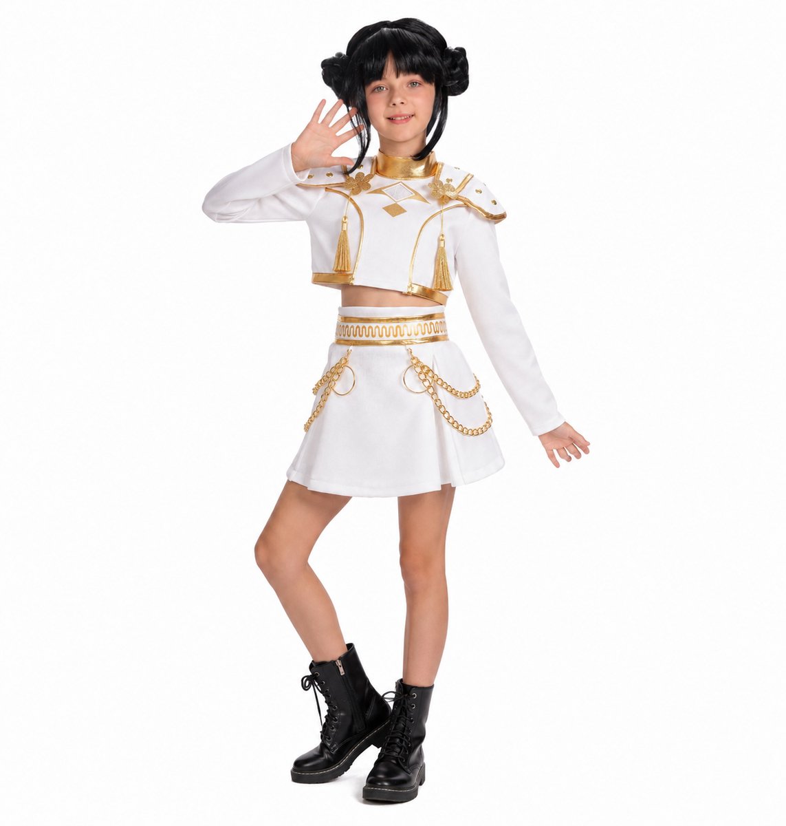 Joya Kids® K-pop Stijl Meisjes Verkleedset | Geïnspireerd op de Demonenjagers Helden | Wit & Goud Kostuum voor Kinderen | Verkleedkleding voor Carnaval & Halloween | Cosplay Outfit Meisje | Maat 140 - 150 | 10-12 Jaar | Extra Large