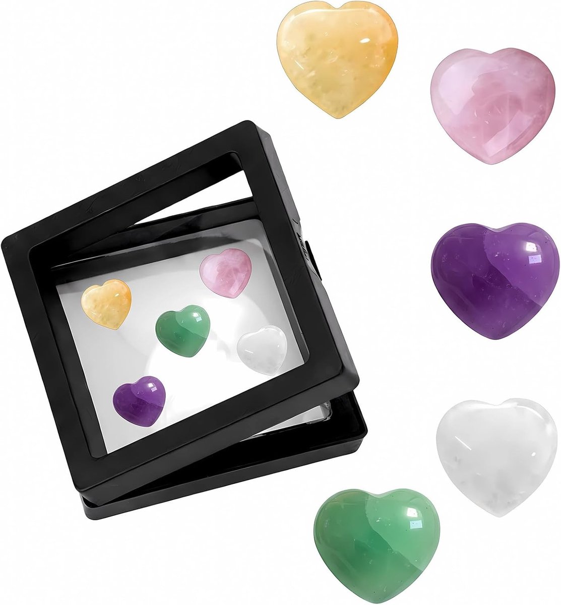 Vijfdelige kristallen set in hartvorm met zwevende display en wenskaart - ideaal als cadeau voor de eerste schooldag, gelukspoppetje voor kinderen, verjaardagsgeschenk of als decoratie voor kantoor en huis.