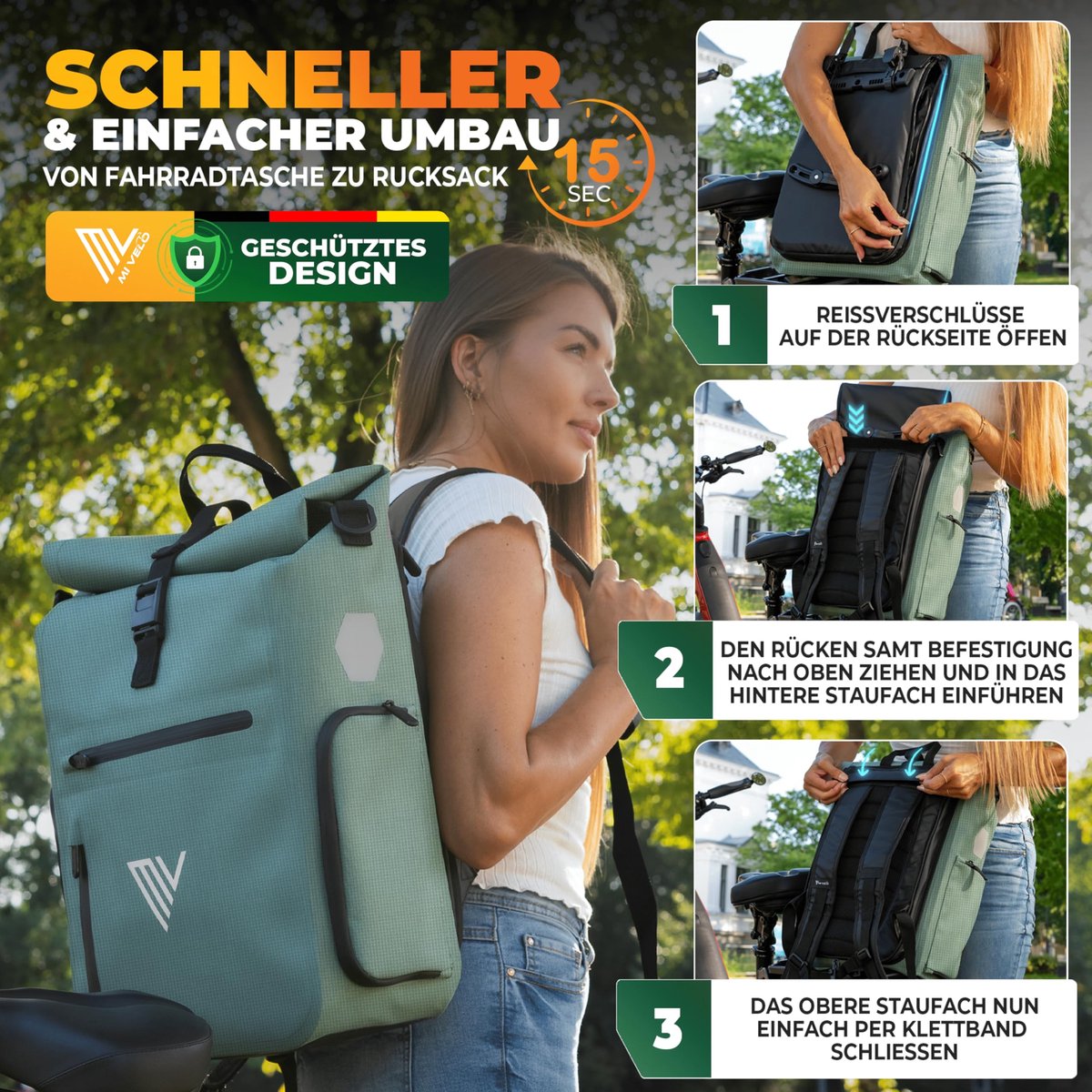 SnelShoppen - MIVELO 3-in-1 Fietstas voor Bagagedrager, Rugzak & Bagagedragertas - 100% Waterdicht met Laptopvak - Mintreflecterend - Ideaal voor Fiet