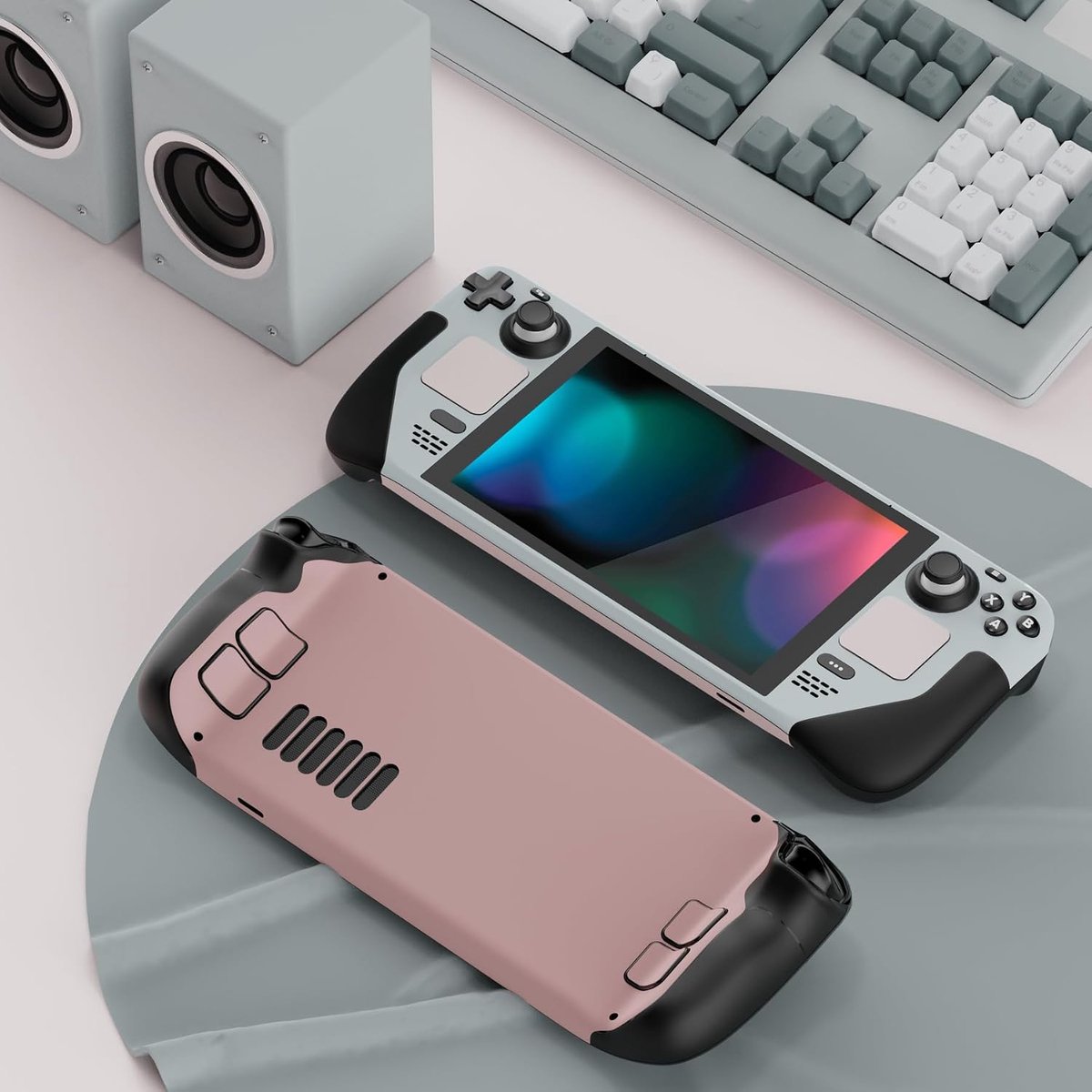 SnelShoppen - PlayVital Sticker voor Steam Deck LCD & OLED - Full Set Skins Decals - Beschermende Cover - Mist Grey & Pink #1 - Perfecte Pasvorm - Gam
