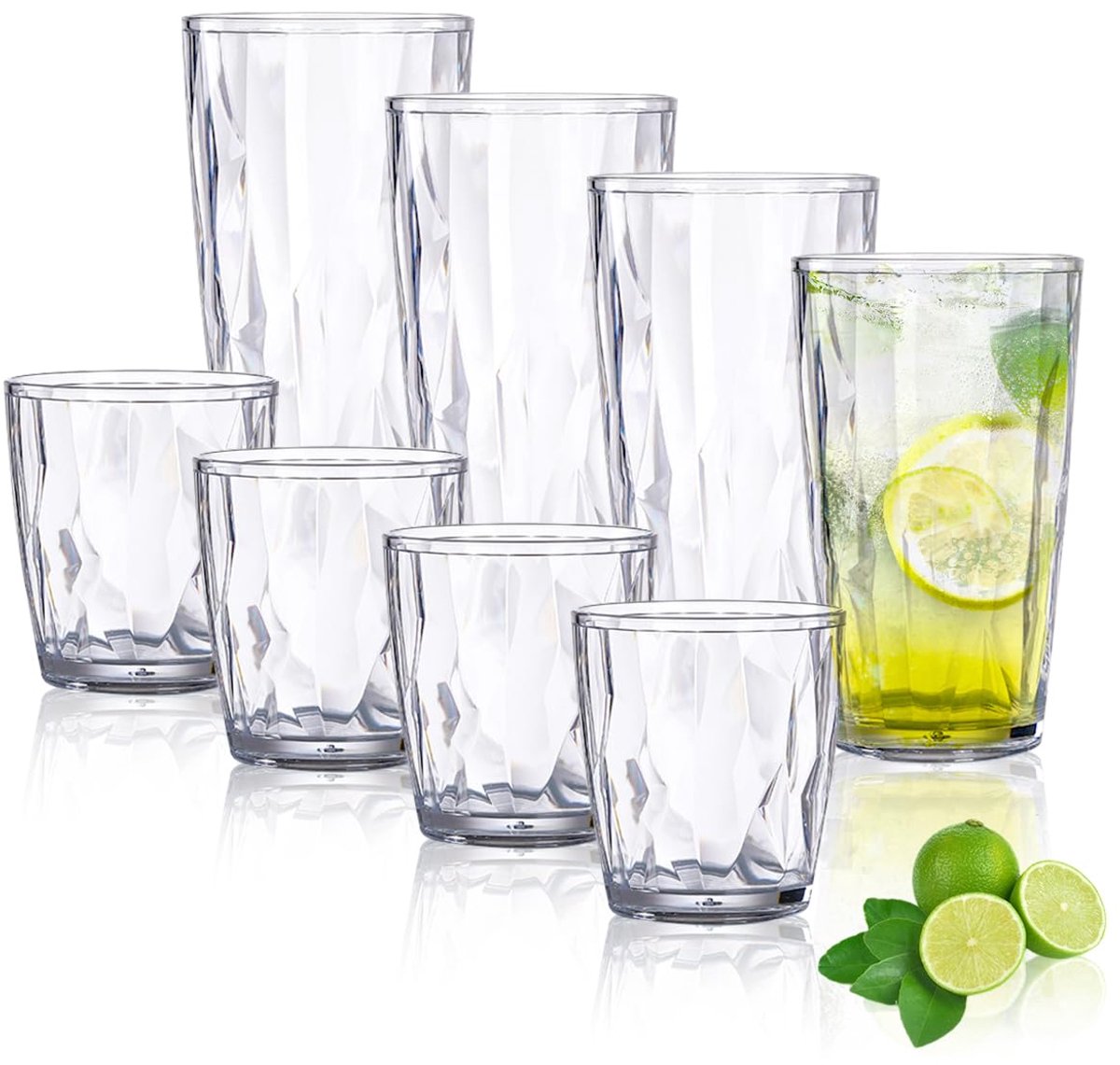 SnelShoppen - 8-delige set waterglazen, kleurrijke kunststof drinkglazen 470ml en 310ml, onbreekbare stapelbare campingglazen voor picknicks en feeste