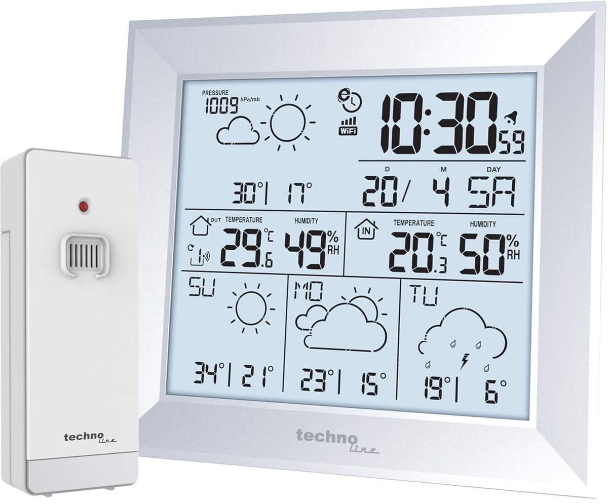 SnelShoppen - Internet Wetterstation Technoline WD2000 met Gratis App, WLAN, 4-Daagse Weersvoorspelling, Binnen- en Buitentemperatuur, Vochtigheid, We