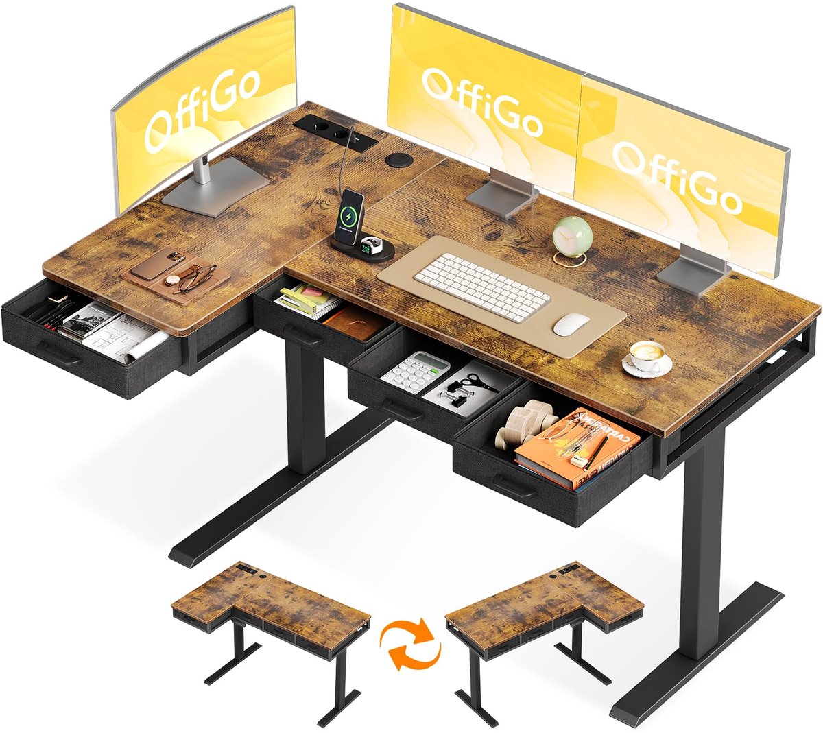 SnelShoppen - Hoogte Verstelbaar Bureau 140x80cm, Elektrisch Hoekbureau L Vorm met 4 Lades, Staand Bureau met Stopcontact voor Kantoor, Studie en Gami