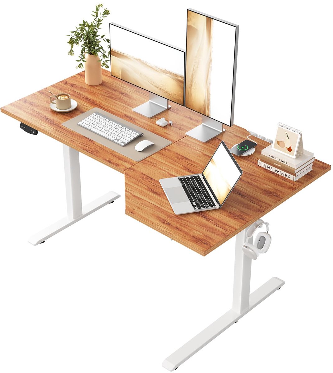 SnelShoppen - L-vormig Verstelbaar Hoogte Bureau 160x60-90cm, Elektrische Zit-Sta Bureau, Ergonomische Computertafel Lichtbruin voor Thuis Kantoor, Me