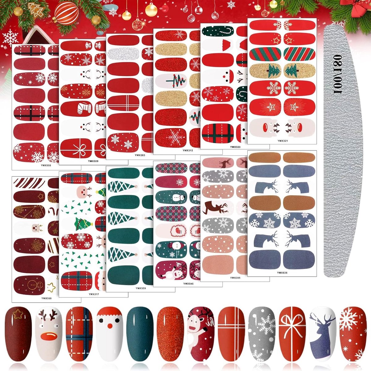 SnelShoppen - 12 Bladen Kerst Nail Art Stickers - Zelfklevende Nagelstickers met Kerstthema voor Vrouwen en Meisjes - Inclusief 1 Nagelvijl - Perfect
