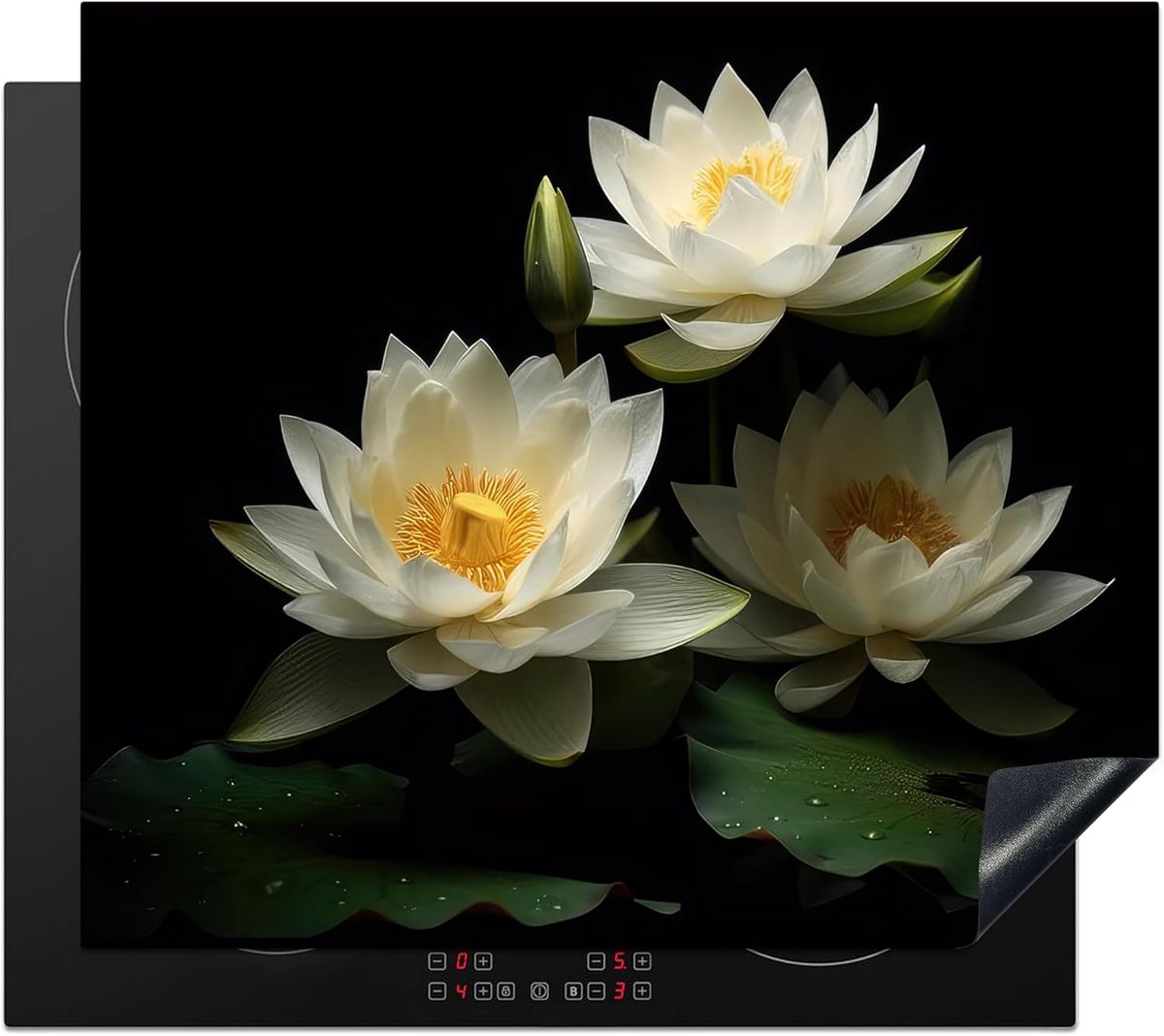 SnelShoppen - Inductiebeschermer 60x52cm - Keuken Decoratie - Hob Protector - Antislip Mat - Lotus - Bloemen - Wit - Natuur - Zwart - Voor Inductiekoo