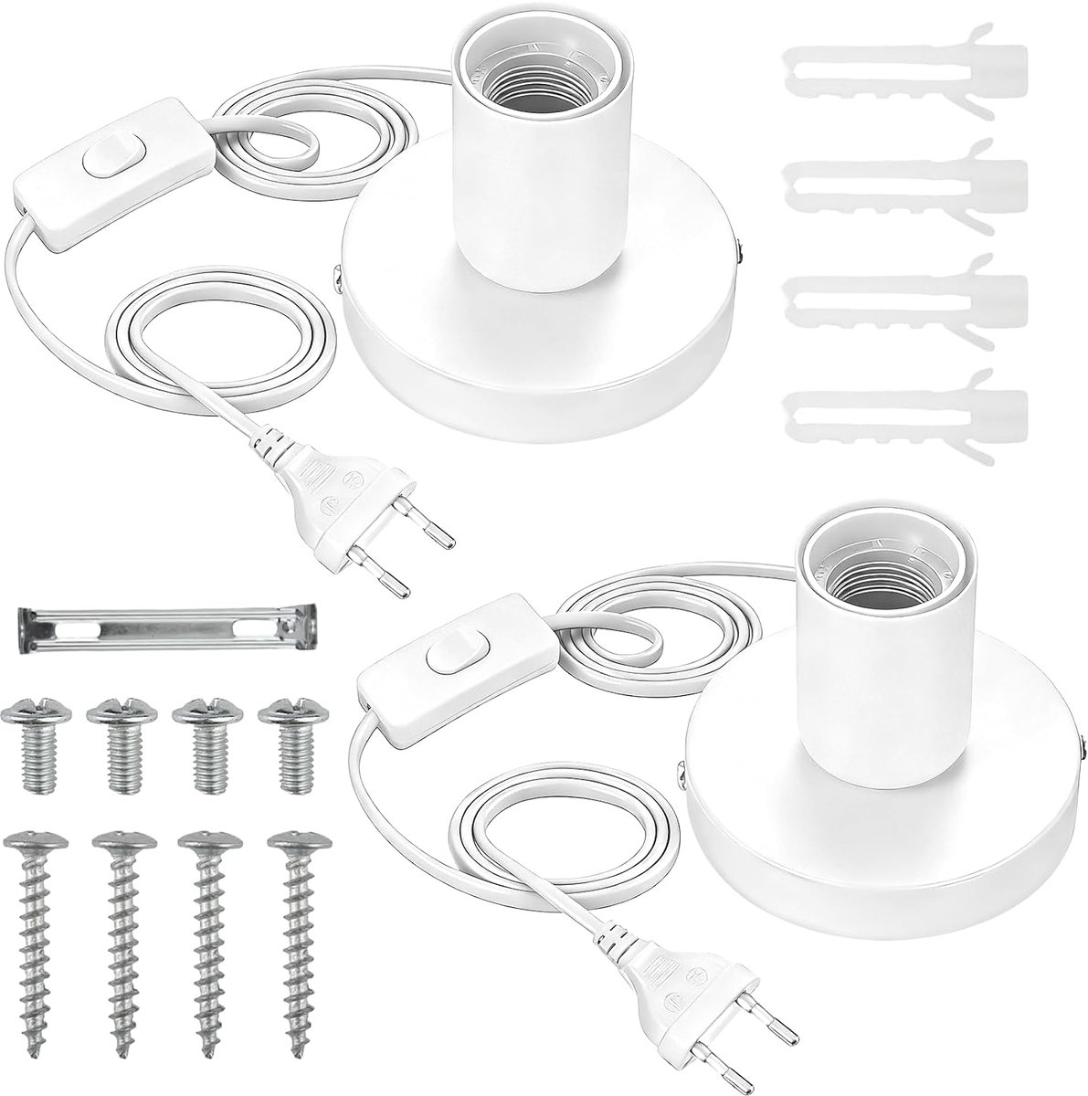 SnelShoppen - 2x E27 Tafellamp Fitting met Schakelaar, 1.8m Voedingskabel, Lampvoet met EU Plug voor Slaapkamer en Woonkamer Verlichting Decoratie