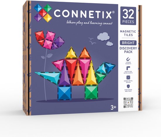 Verpakking van de Connetix Bright Discovery Pack 32 met afbeeldingen van magnetische bouwwerken.