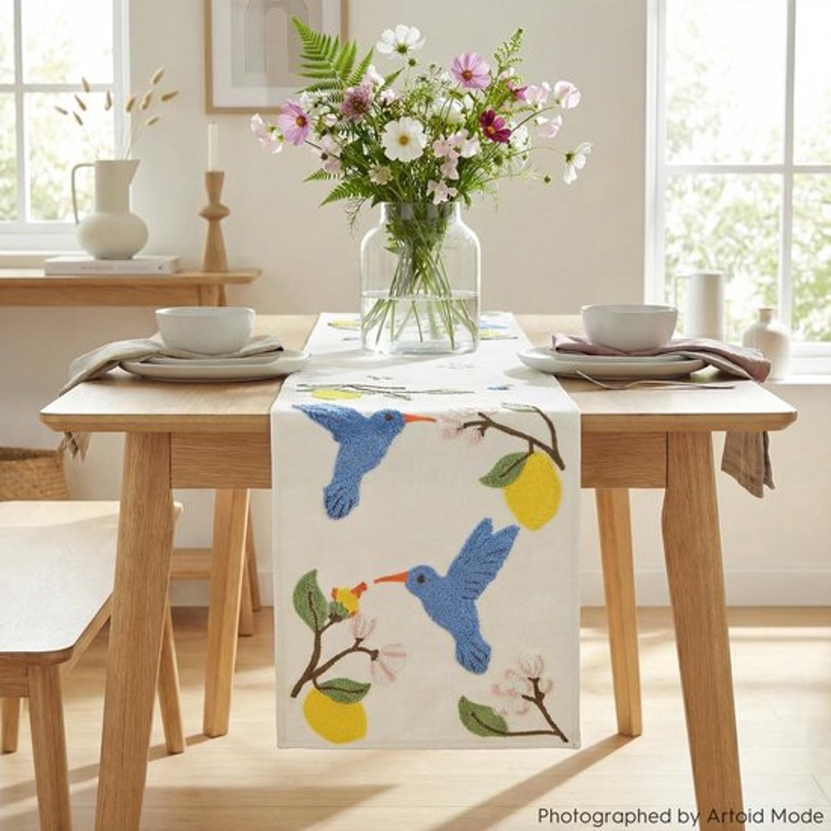 Zachte Tafelloper met Blauwe Vogels en Citroenen, 33 x 183 cm