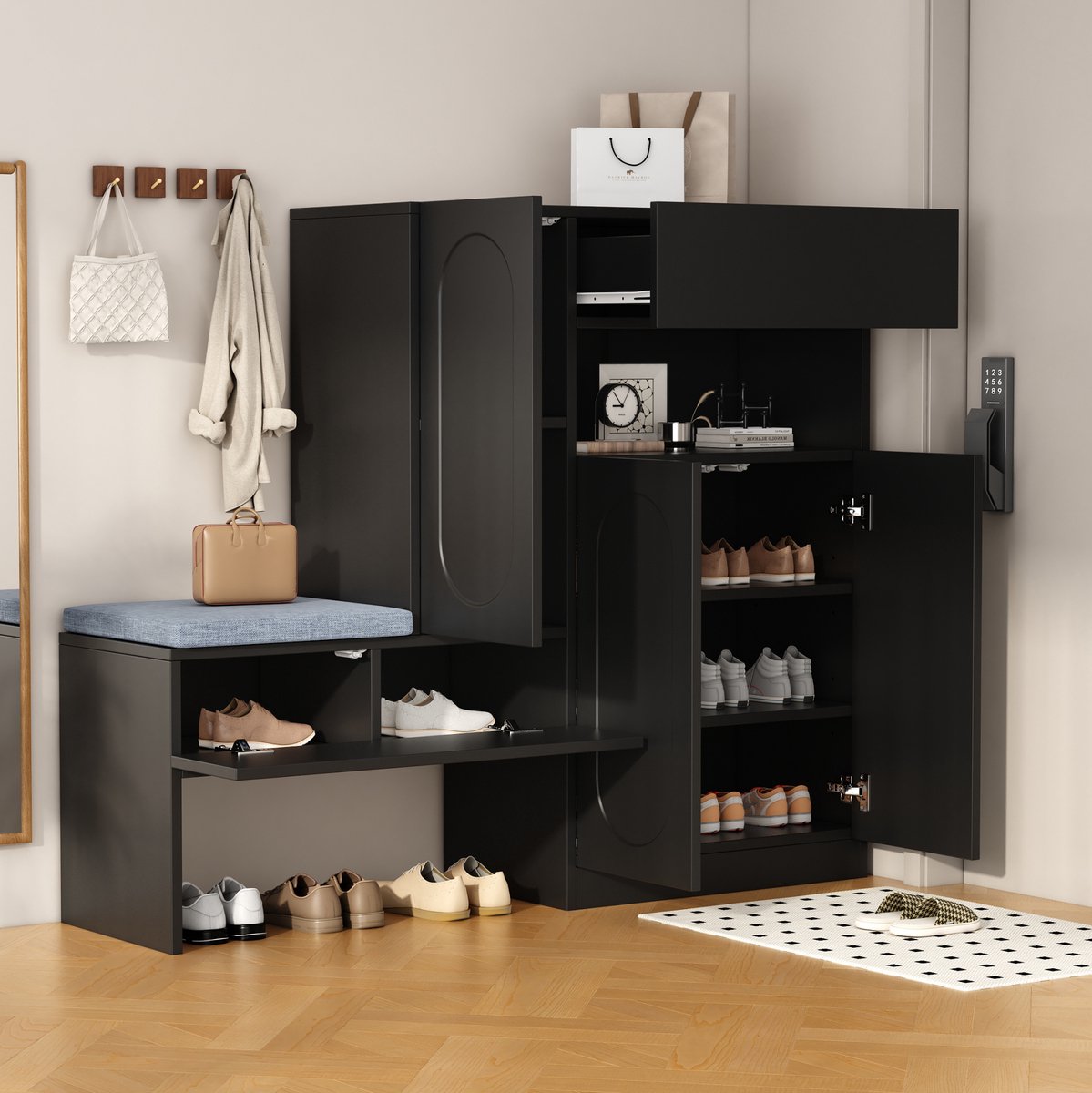 COVREO Schoenenkast 130x35x110 cm - zwart, spaanplaat, met zitbank en verstelbare vakken