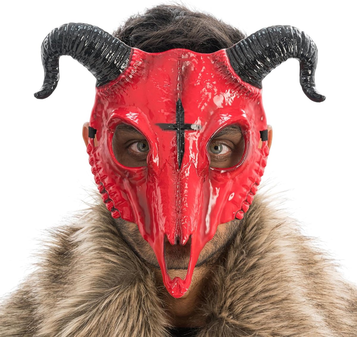 Demonen masker met hoorns - half masker met kruissymbool - opvallende rode kleur - perfect voor Halloween - SnelShoppen