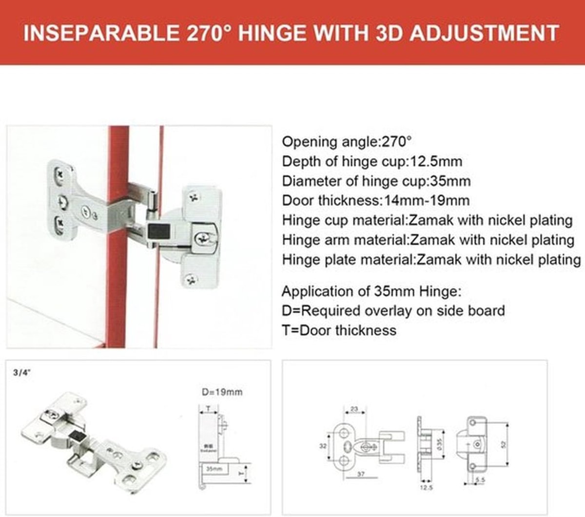 Deurhinge 270 Graden - Zinklegering - Roestvrij - Maximaal 8kg - Voor Keukenkasten - Duurzaam Gebruik - Meubelhinge