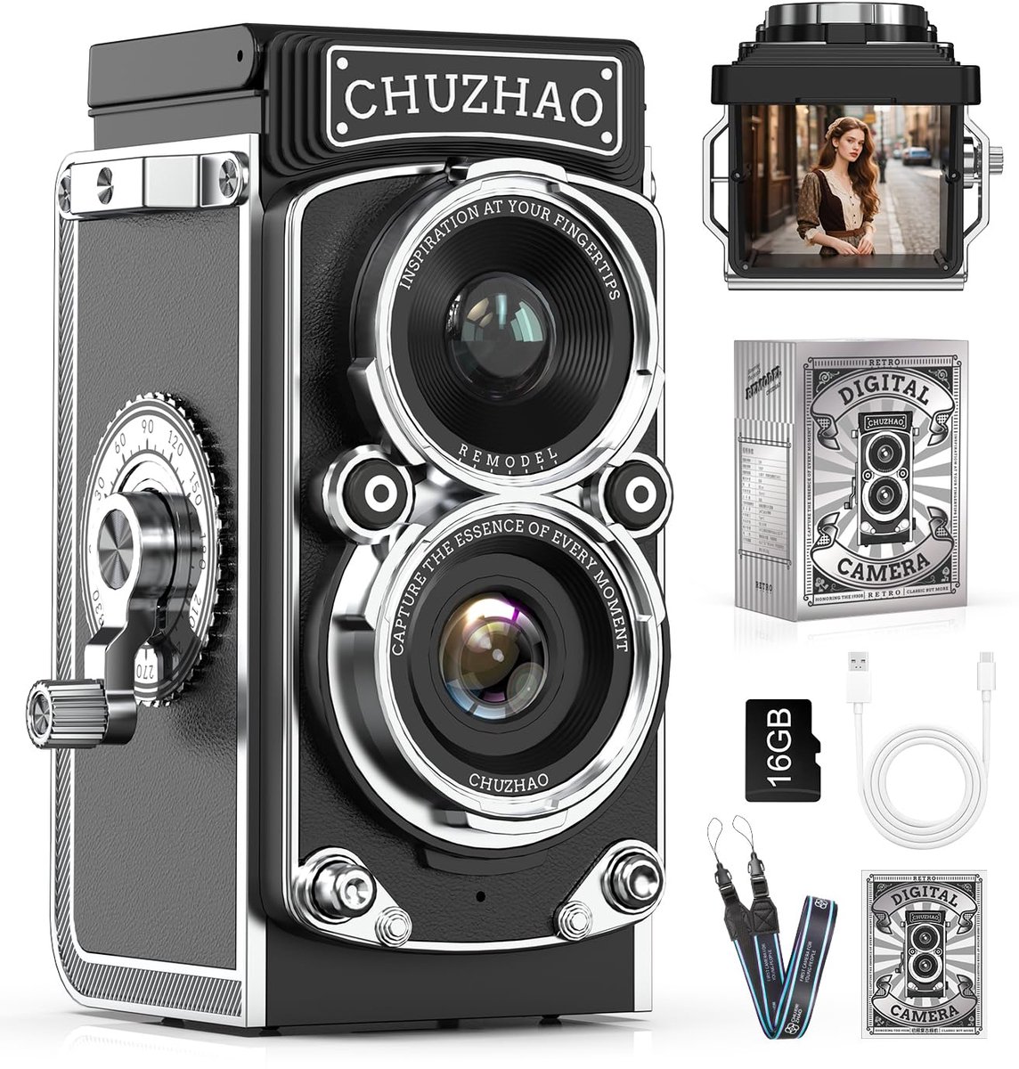 SnelShoppen - Kriogor Retro Mini Digitale Camera 1080p FHD Video, 12 MP Autofocus Vintage Camera met 16 GB Geheugenkaart voor Beginners, Kinderen, Tie