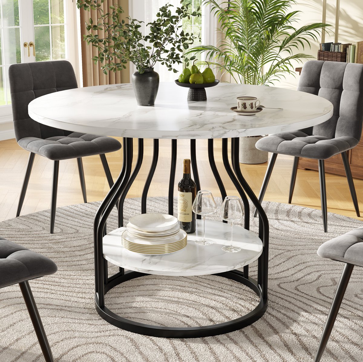 MEUNIQ ronde eettafel 80 cm x 76 cm met MDF tafelblad in marmerlook, zwarte metalen onderstel en opbergruimte, voor eetkamer en woonkamer