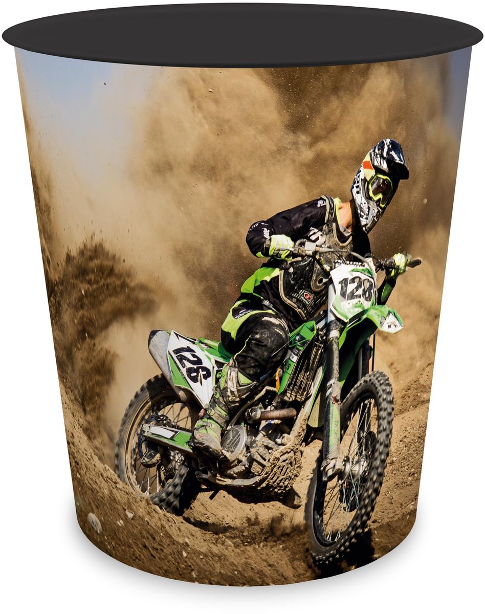 SnelShoppen - Kinder Prullenbak Motocross - Rond 11 Liter - Stevige Plastic Afvalbak voor Kinderkamer - Ideaal voor Bureau of Speelkamer