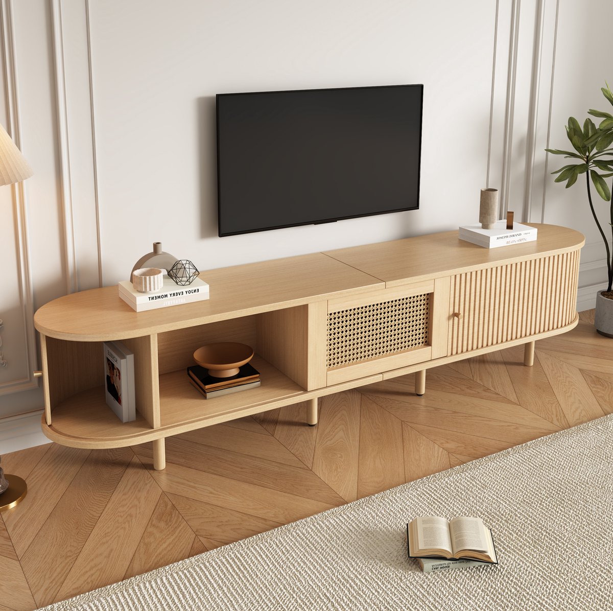 Wishdor Tv meubel - schuifdeur - lade - rattan look - mdf - natuurlijk - 180x40x40 cm