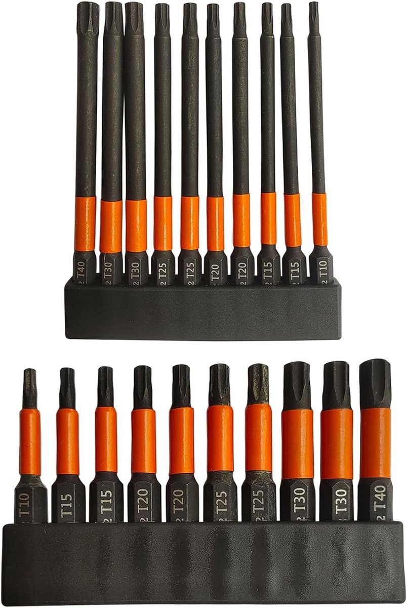 20-delige Torx lange schroevendraaier bit set T10-T40 met magnetische sterkop en hex shank voor elektrische schroevendraaiers, 50mm en 100mm bits