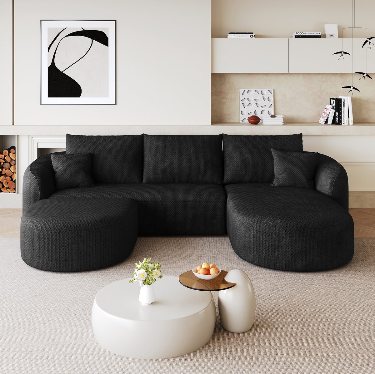 REDOM - Bank - U-bank - Modulaire boneless constructie - Zonder montage - Designstijl - Woonkamer en slaapkamer - Stof - Zwart - 266 x 168 x 85 cm