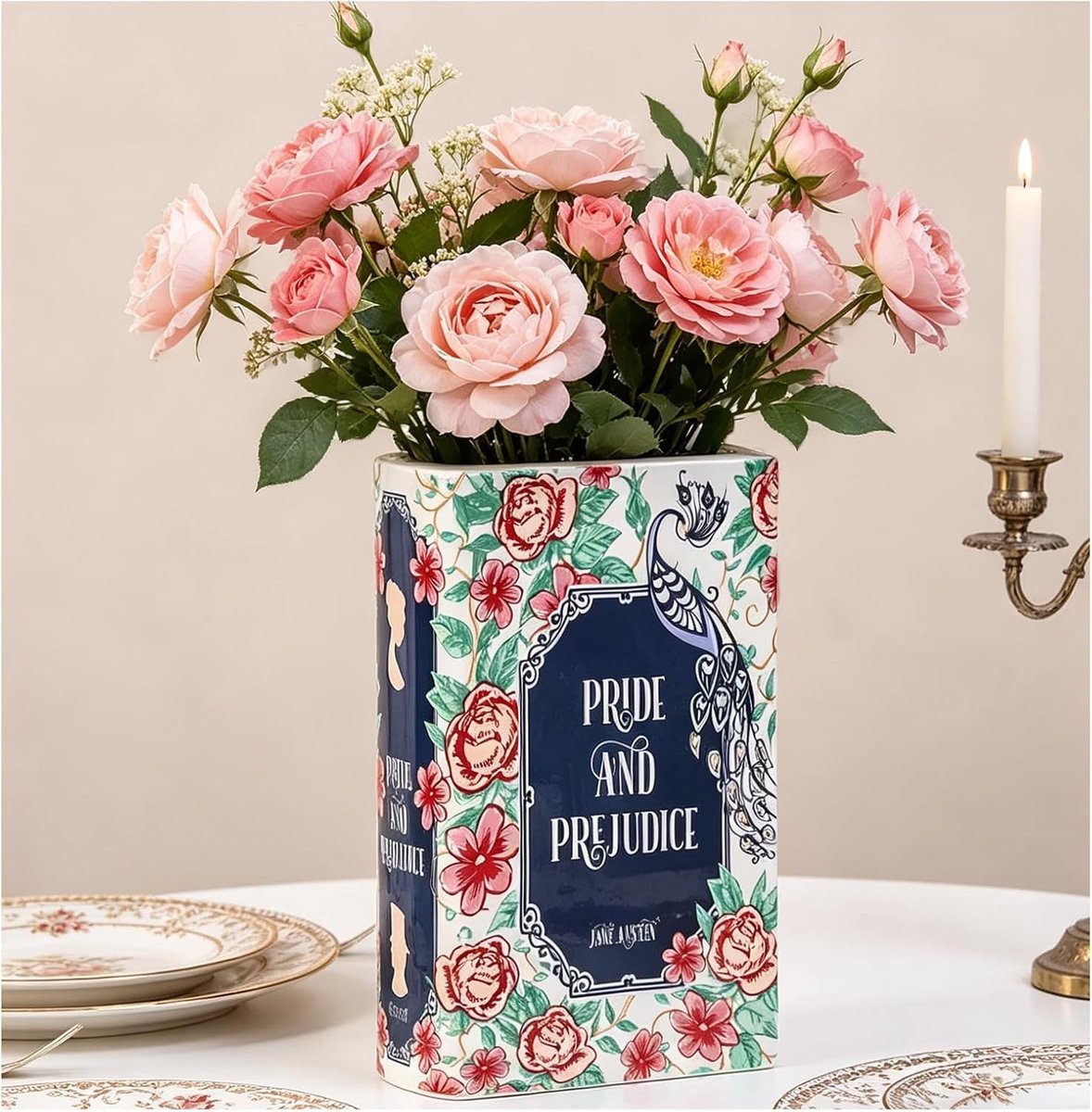 Decoratieve boekvaas voor meisjeskamer, keramisch design voor thuis en kantoor, perfecte decoratie voor boekenliefhebbers en boekenkasten