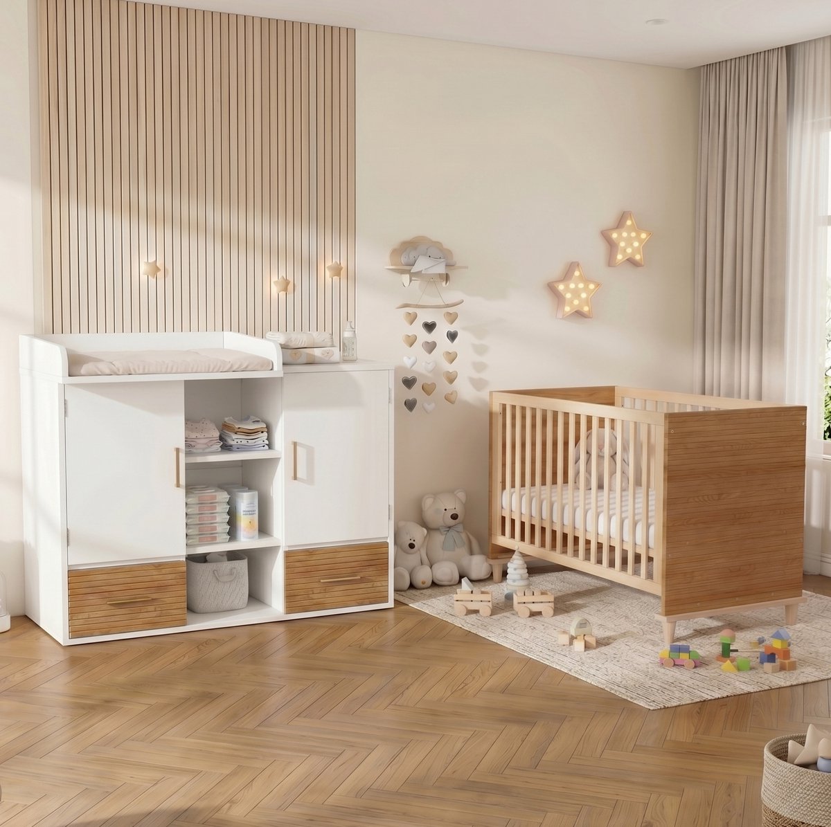 OKWISH Babybed 70x140 cm – Ledikant Met 5-Voudig Verstelbare Bedbodem – Met Verschoontafel En Opbergruimte – Kinderkamer – Hout En MDF – Naturel En Wit – Zonder Matras