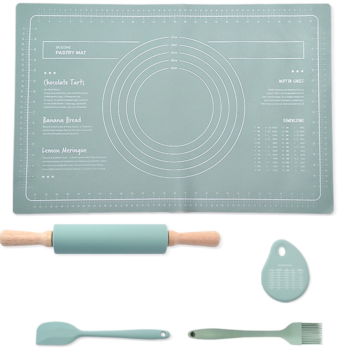 Deegroller en bakmat set, houten deegroller (38 cm) + siliconenmat (60 x 40 cm) (groen)