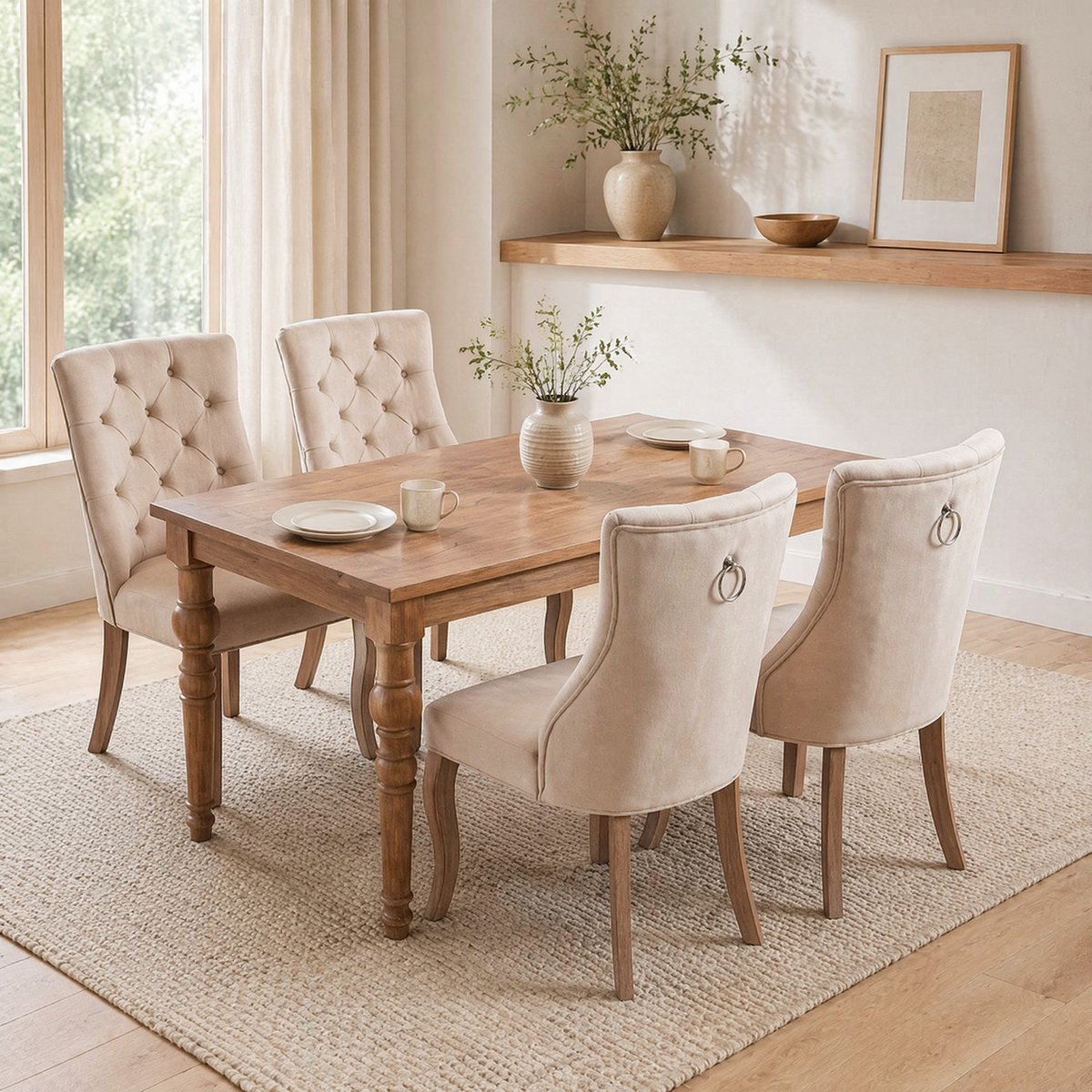 MEUNIQ Eetkamerstoel set van 4 beige velvet met hoge rugleuning, knopen in rugleuning en houten poten, gestoffeerde stoel voor eetkamer of keuken