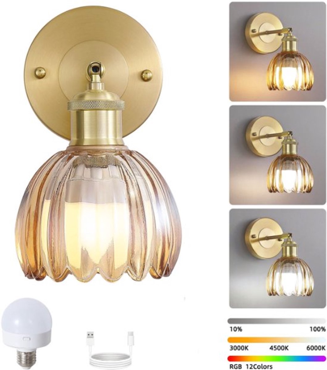 Draadloze wandlamp met afstandsbediening, oplaadbare LED-nachtlamp, dimbaar, RGB-kleurvera