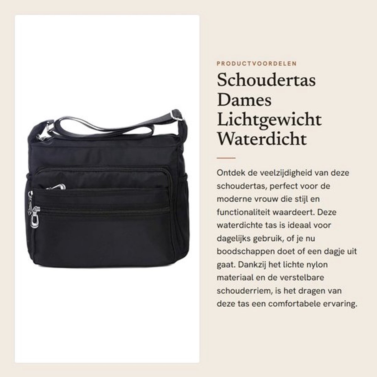 Schoudertas Dames Lichtgewicht - Waterdichte Crossbodytas - Nylon Boodschappentas - Verstelbare Riem - Meerdere Vakken - 2 Maten