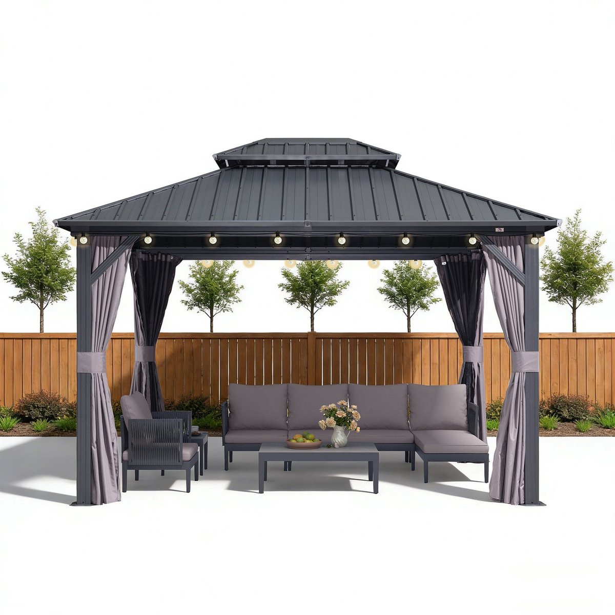 PURPLE LEAF Essential Hardtop Tuinpaviljoen met LED-verlichtin – Gegalvaniseerd Stalen Dak – Aluminium Frame – Gordijnen en Klamboe – Grau