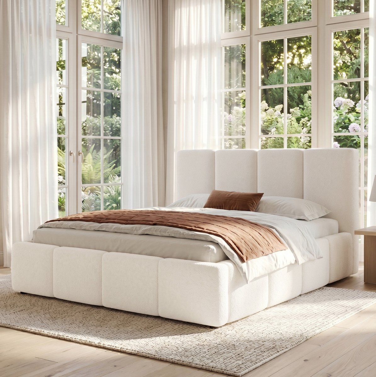 COVREO Gestoffeerd bed met hoofdbord – 180x200 cm – Tweepersoonsbed van bouclé – voor slaapkamer – Beige - zonder matras