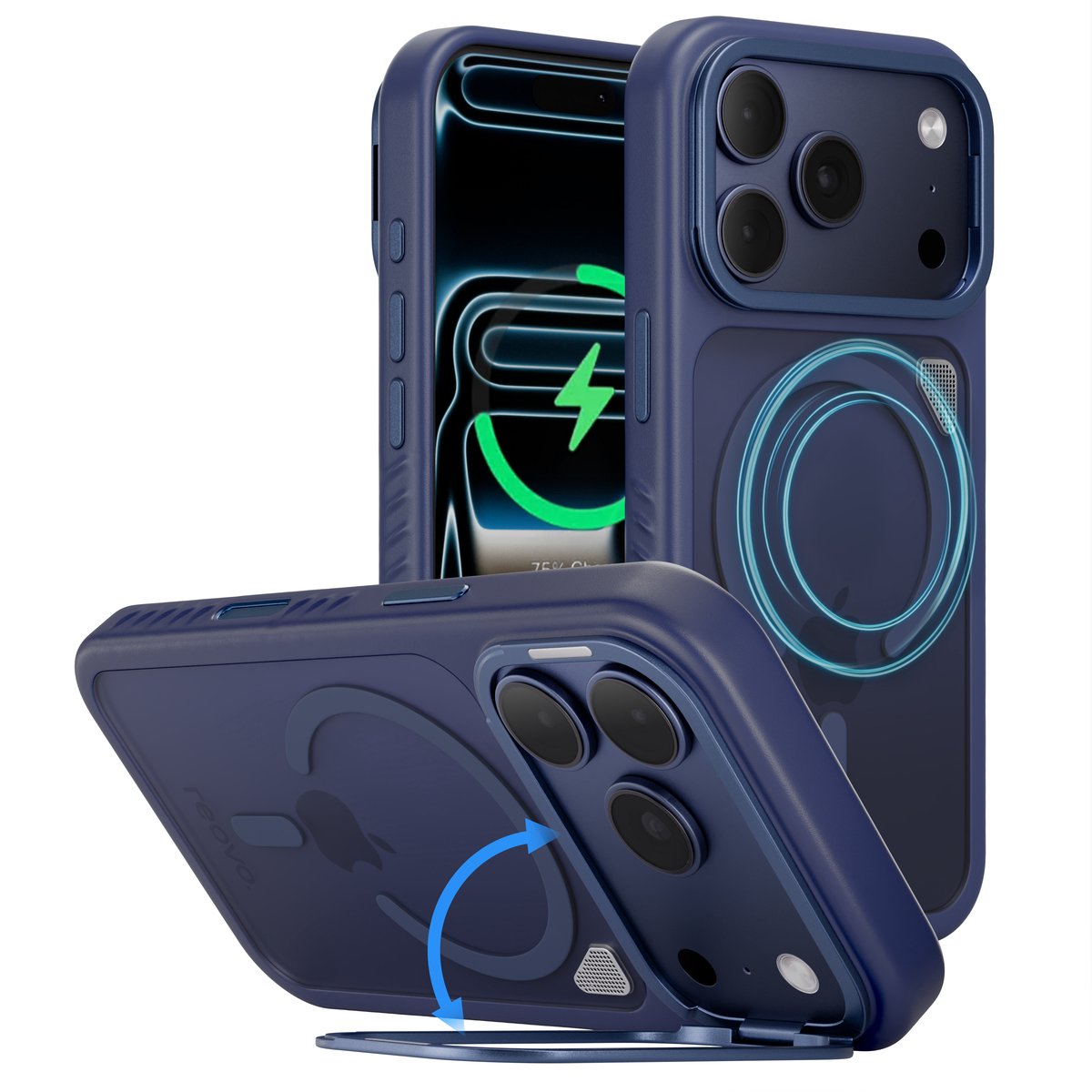 Reovo - Hoesje Geschikt voor iPhone 17 Pro - Camera standaard - Geschikt voor MagSafe - Donker Blauw - anti-val technologie