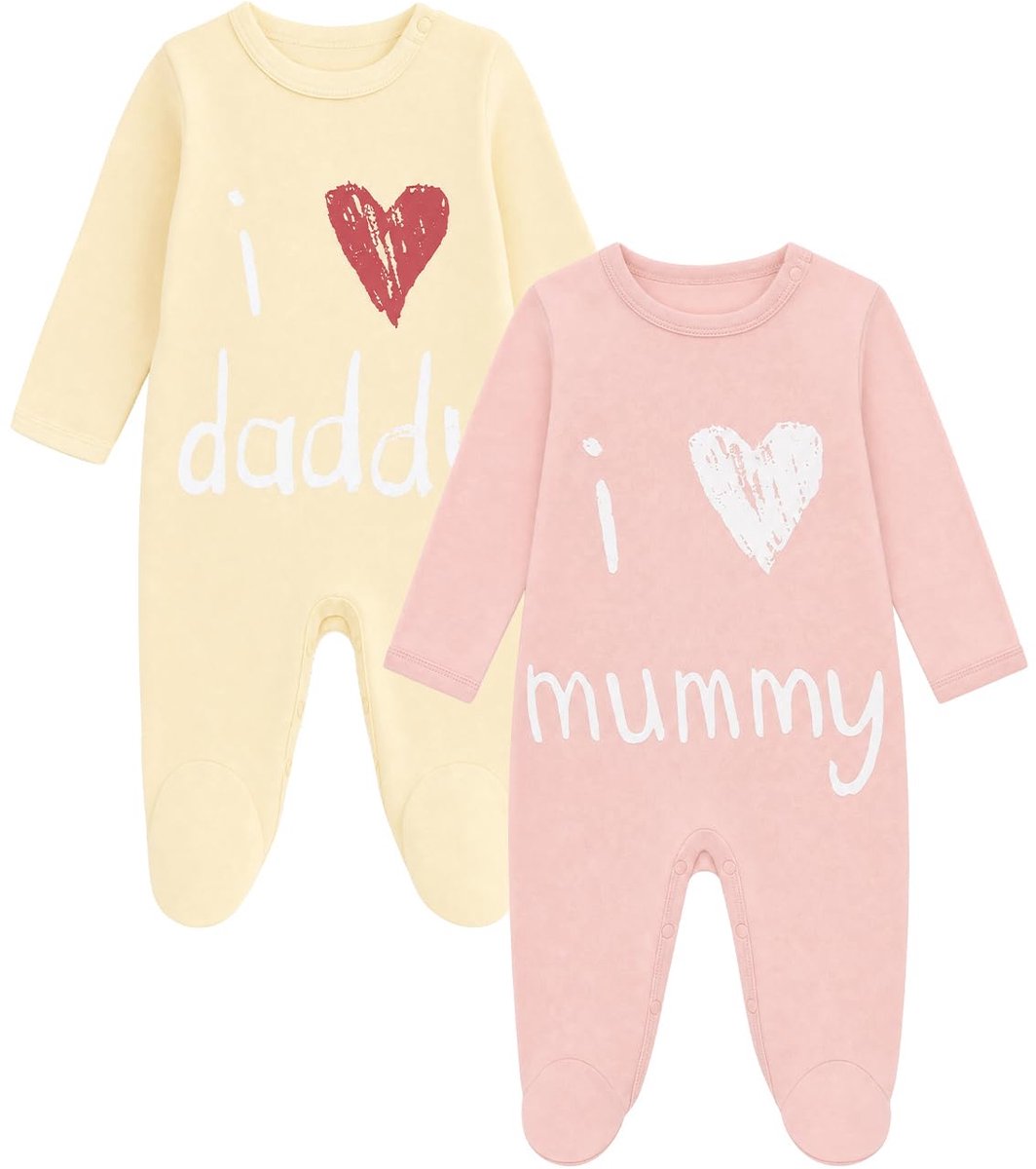 SnelShoppen - Set van 2 Babypyjama's Roze Katoen I Love Mummy Daddy Rompertje voor Baby's 3-6 Maanden, Comfortabele Kinderkleding voor Feestjes en Dag
