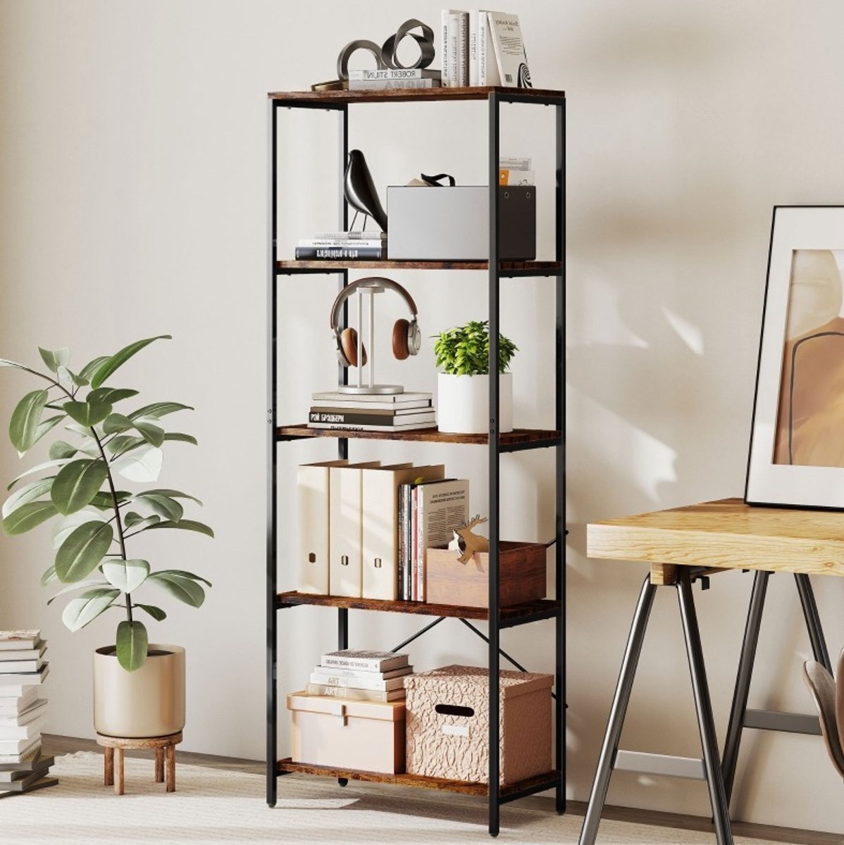 HAUSS SPOLE Boekenkast – 79 x 35 x 161 cm – 5 Niveaus – Metaal En Melamine – Rustiek Bruin – Open Opbergruimte In Industriële Stijl