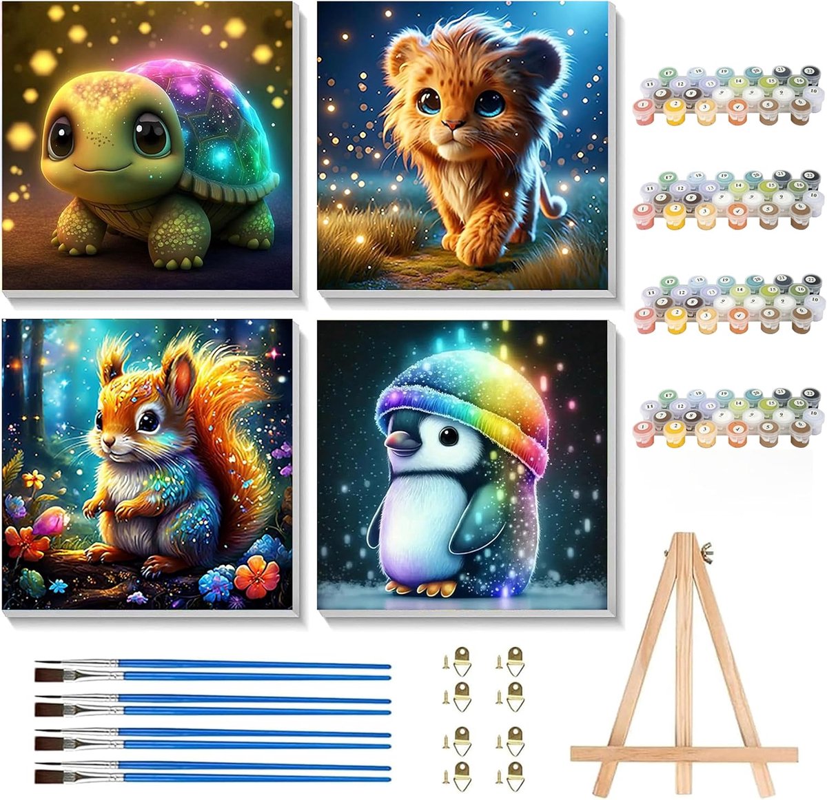 SnelShoppen - Set van 4 Schilderen op Nummer voor Kinderen met Lijsten, Dieren (Turtle, Leeuw, Pinguïn, Eekhoorn), Creatief Verfset voor Kinderen vana