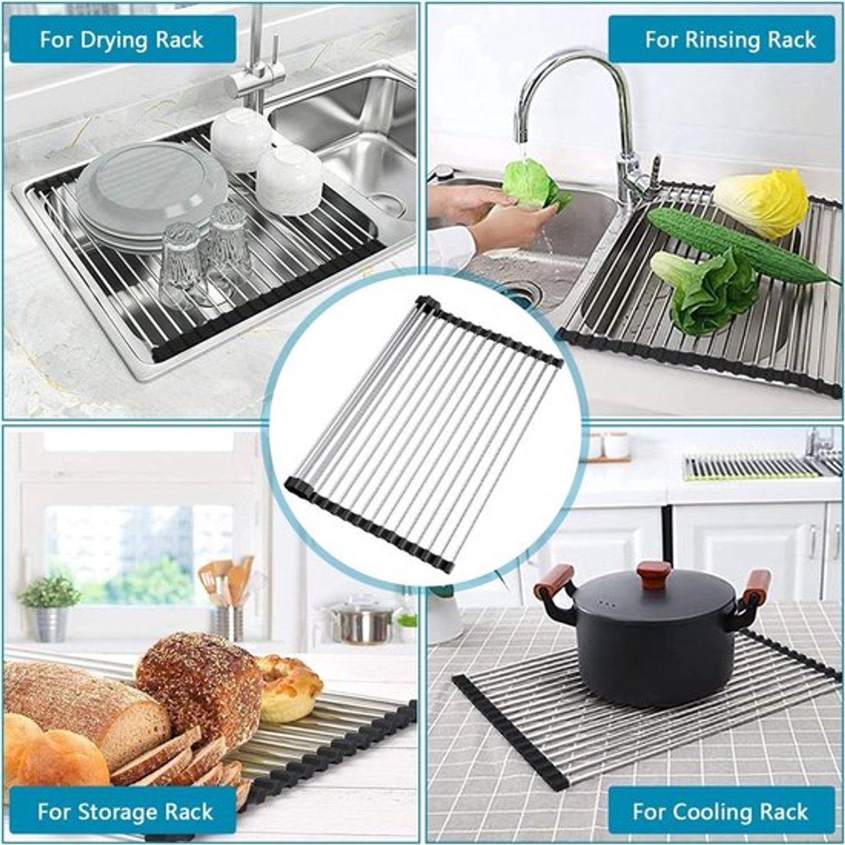 Afdruiprek Hittebestendig - Roll-up Afdruiprek - Vaatwasmachinebestendig - Gootsteenaccessoires - 39 x 37,5 cm - Compact en Praktisch - Afwasrek
