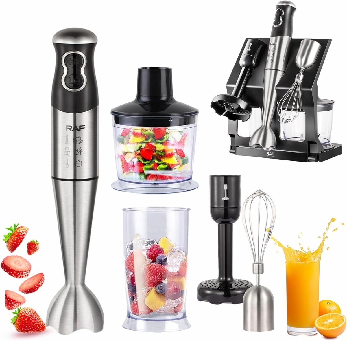 SnelShoppen - 5-in-1 Hand Blender Set met Pureerstaaf, Klopper, 700 ml Bekers, 600 ml Hakker, 2 Snelheden, Keuken Accessoires voor Smoothies, Soepen,