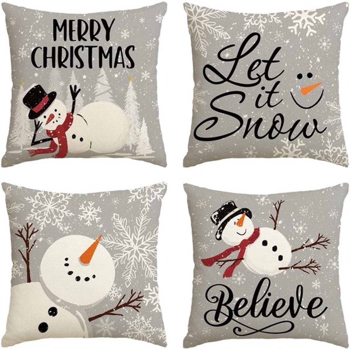 Set van 4 Sneeuwpop Sneeuwvlokken Kerst Kussenslopen 45x45 cm