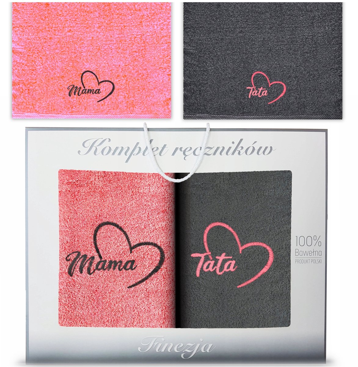 KONEY - Handdoekenset 2-delig - 70 x 140 cm - Grafiet, Koraal - met borduring Mama & Papa - in geschenkdoos